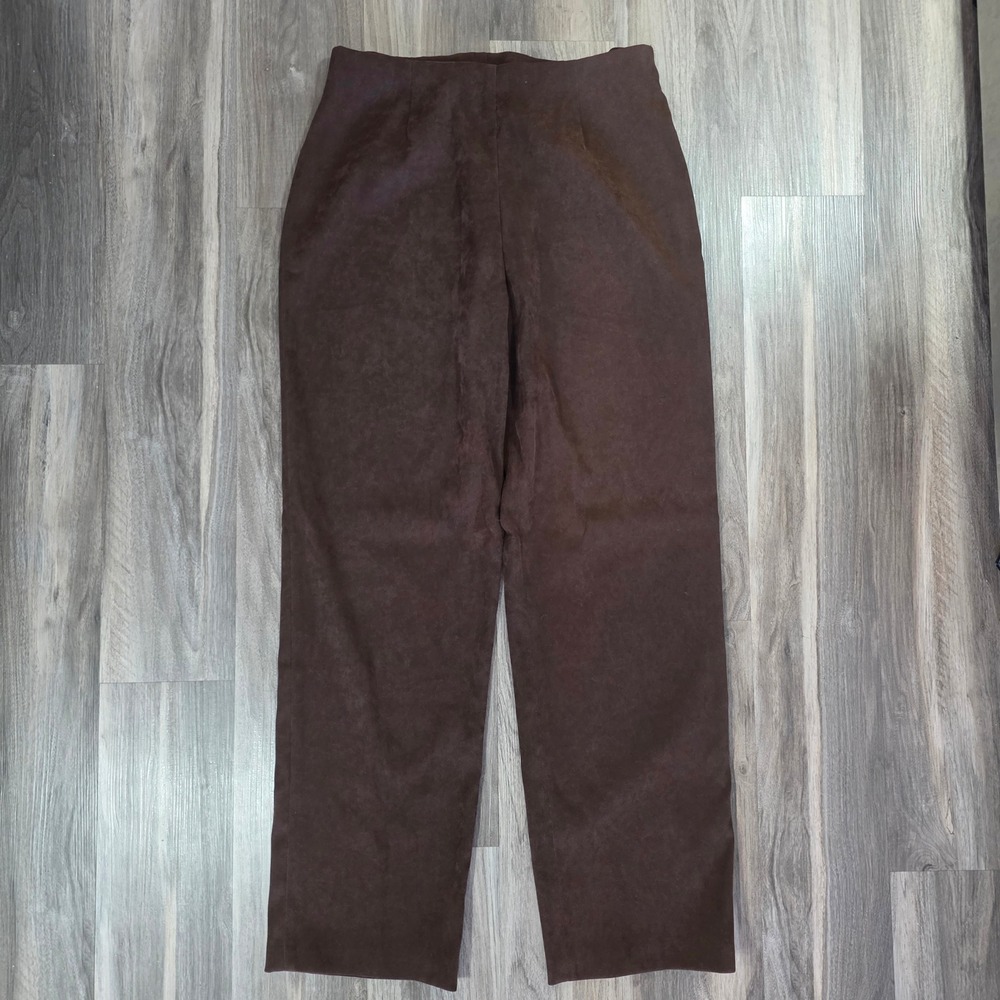 Coldwater Creek Brown Faux Suede Straight Leg Pants Size 14 Stretch High Rise